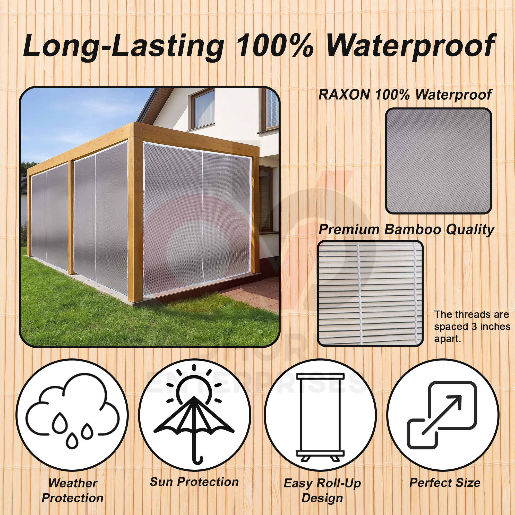 Dhori Bamboo Roll-up Blind Joint Shade Chick Window Closer/Curtains for Balcony, Windows, Outdoors, Door& Ceilling 100% Waterproof Being - Image 5