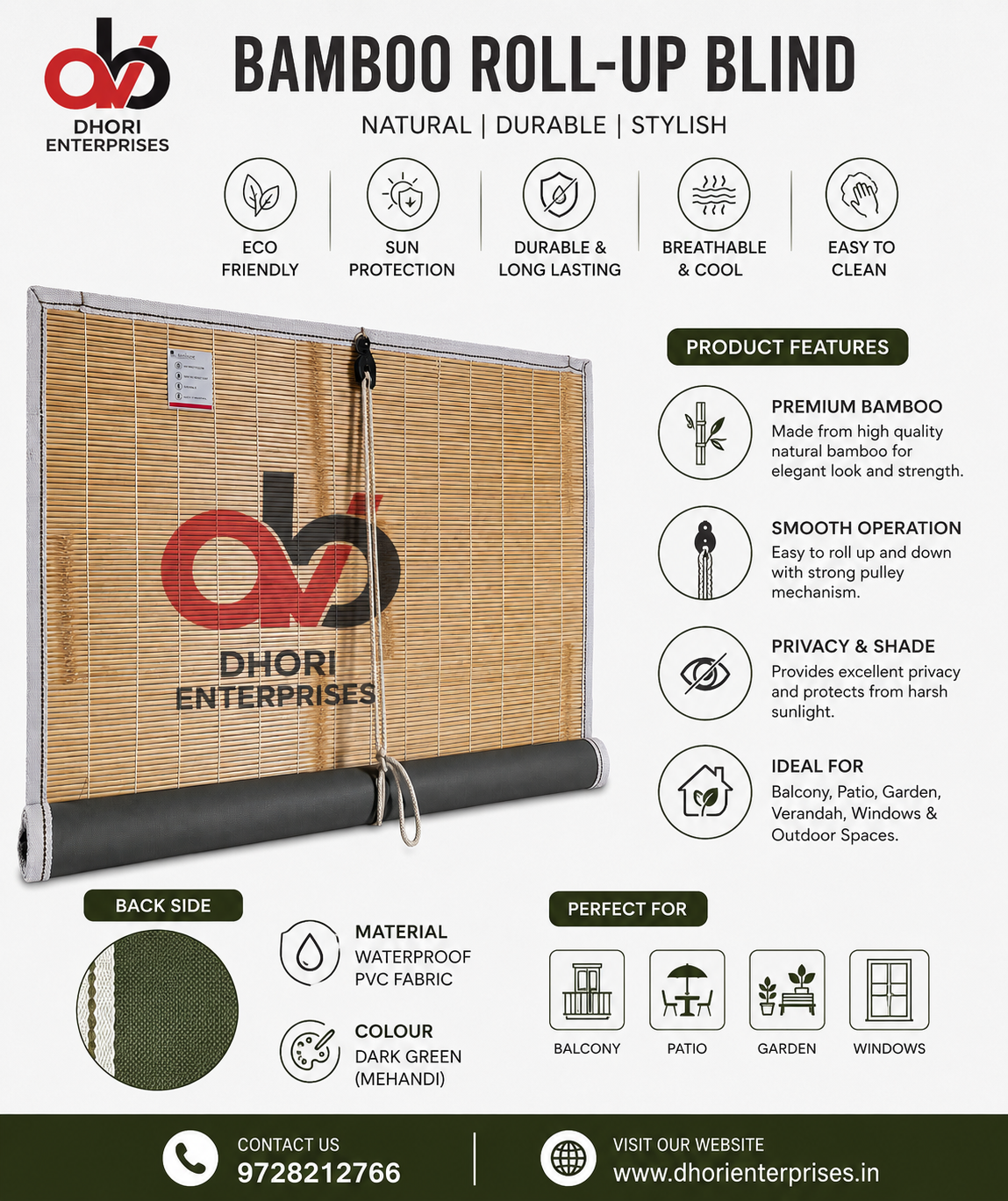 Dhori Natural Bamboo Roll-Up Blinds for Windows & Balcony | Waterproof Outdoor Bamboo Curtain | UV Resistant Privacy Screen | Roll Up Window Shade with Rope Mechanism | Army Colour - Image 6