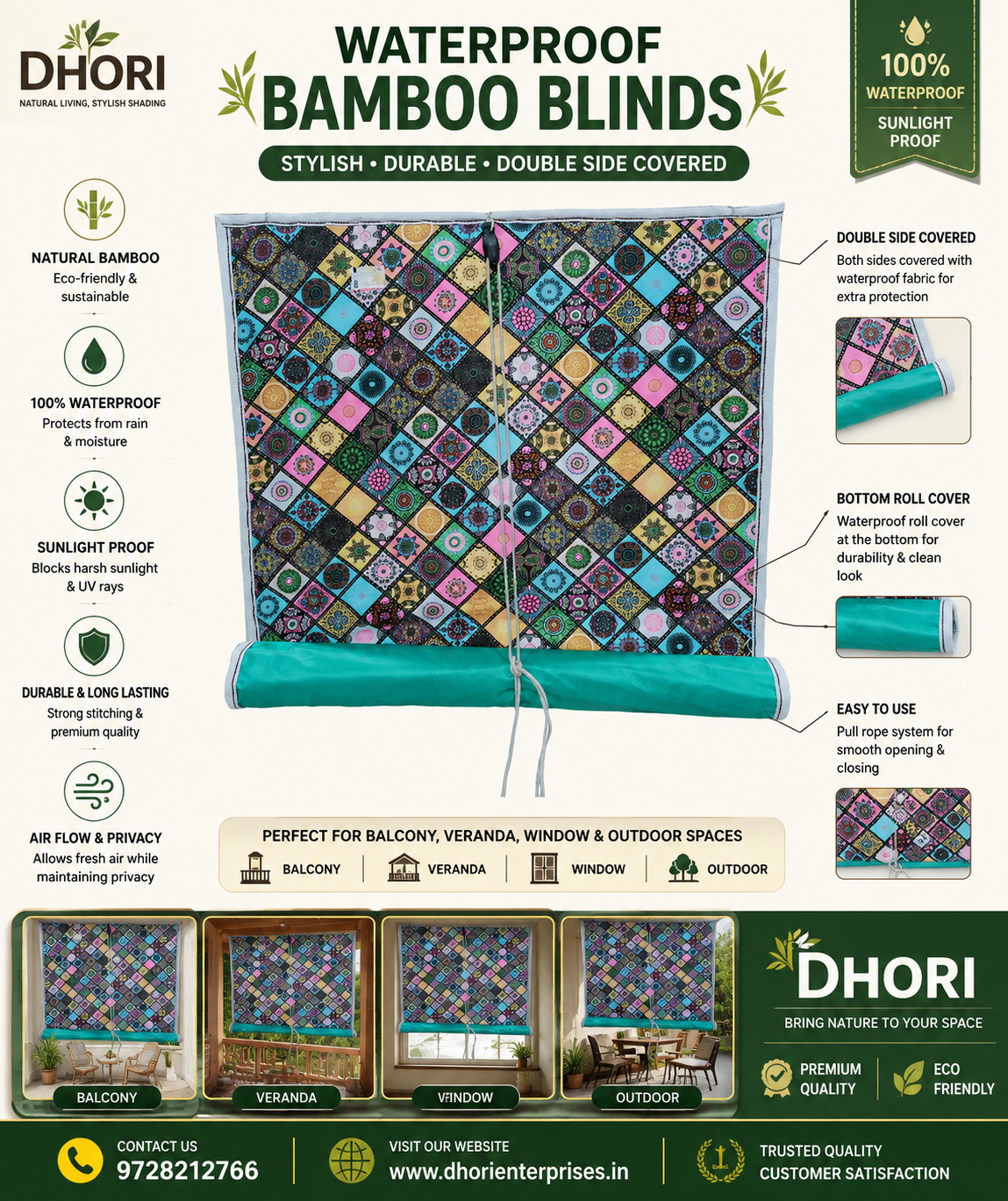 DHORI Waterproof Bamboo Blinds for Windows & Balcony | Double Side Covered Roll Up Bamboo Curtain | Sunlight Protection & Privacy Blind - Image 5