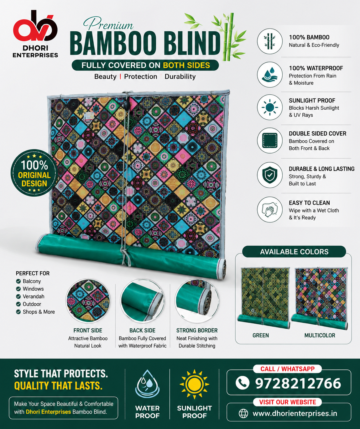 DHORI Waterproof Bamboo Blinds for Windows & Balcony | Double Side Covered Roll Up Bamboo Curtain | Sunlight Protection & Privacy Blind - Image 7